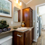 Image shows standard Banjo countertop over commode. Image also shows standard medicine cab installed behind bathroom mirror.