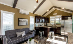 Image shows standard linoleum flooring and the upgrade to include rolling kitchen island.